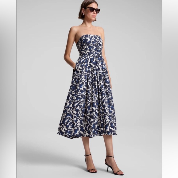 A.L.C. NWT Women’s Strapless Midi Dress w/Full Skirt Pockets Navy/Ivory - 14 - Picture 1 of 15